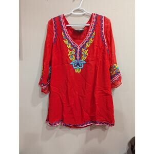 Red Mexican style embroidered peasant style blouse by Vintage Collection size M
